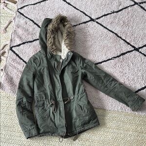Olive Green Hooded Jacket with Faux Fur Trim parka